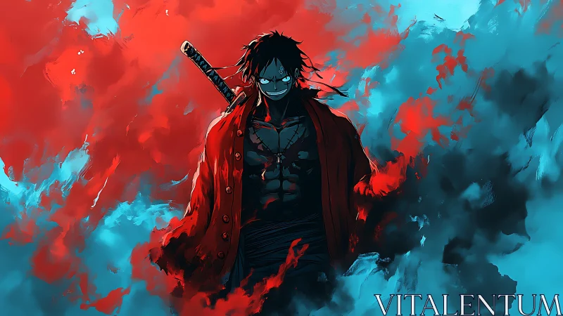 Central figure with sword stands amid red and blue smoke