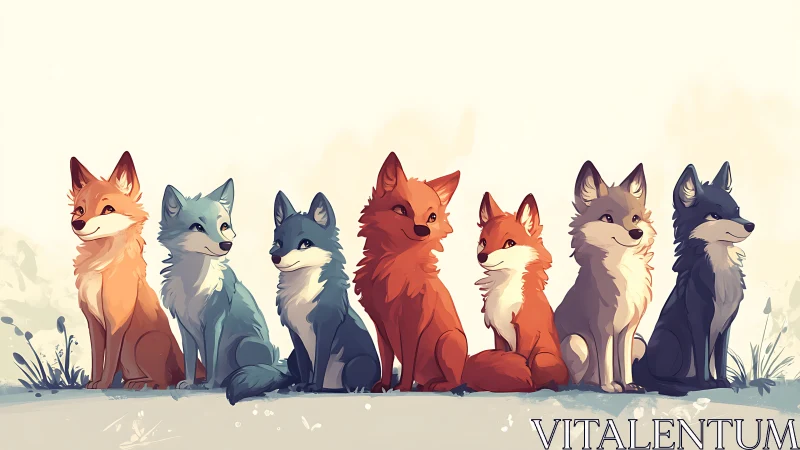 Rainbow woodland fox pack lines up in playful pastel dusk.