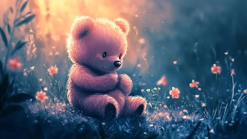 Fluffy teddy bear sits in glowing meadow at soft sunset light