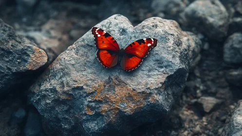 Red butterfly rests on weathered rock in shallow depth of field