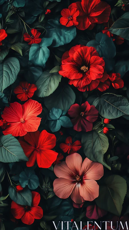 Botanical Composition With Vibrant Red Hibiscus And Teal Foliage