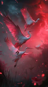 White cranes ascend through crimson stormlit twilight sky