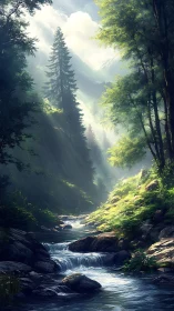 Mountain Valley Stream With Coniferous Forest and Mist