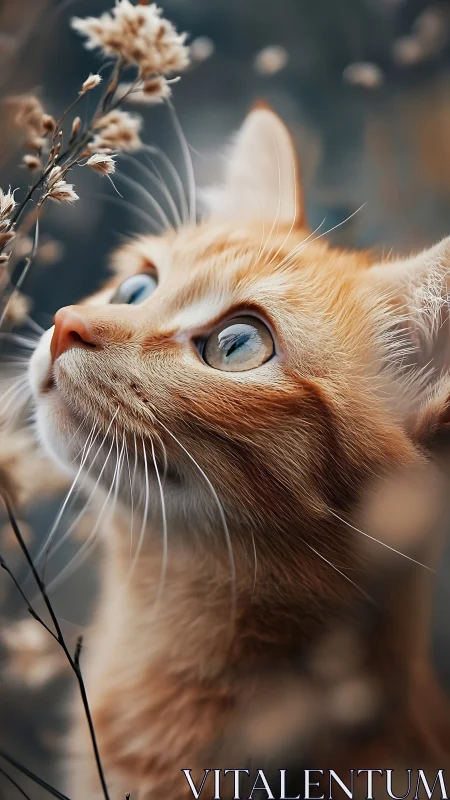 Curious Ginger Cat Gazes at Delicate Wildflowers.