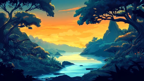 Jungle River Gorge at Sunset: Digital Landscape with Layered Atmospheric Perspective