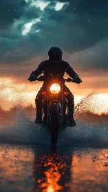 Motorcyclist cuts stormy roadway with blazing headlight glow.