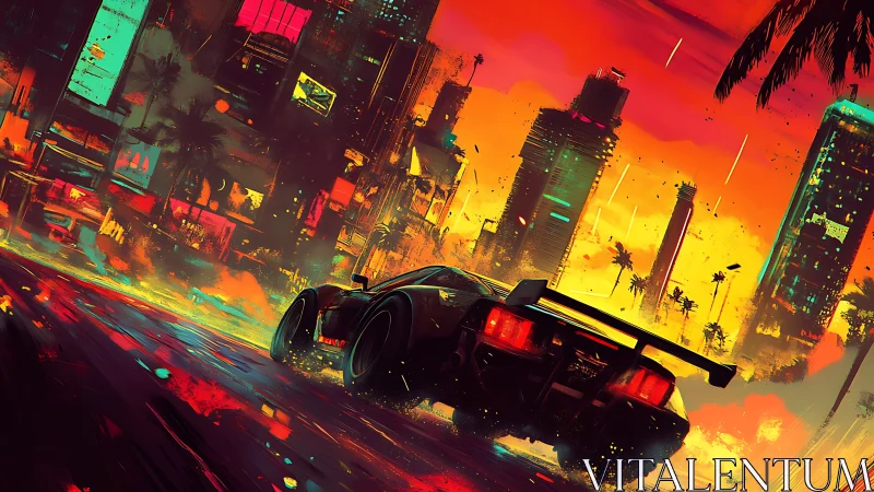 Cyberpunk muscle car racing through neon sunset megacity.