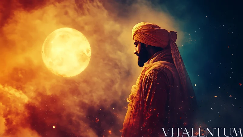 Man in turban stands in profile before glowing full moon