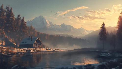 Snow cabin rests beside misty river under glowing peaks