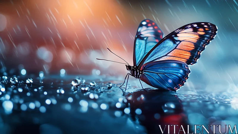Rain-kissed sapphire butterfly pausing on a trembling puddle.