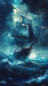 Sailing vessel in turbulent ocean under dense storm clouds.