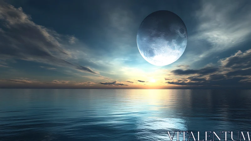 Luminous moonrise over reflective ocean horizon at dusk.