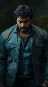 Moody male portrait with cinematic lighting and textured denim