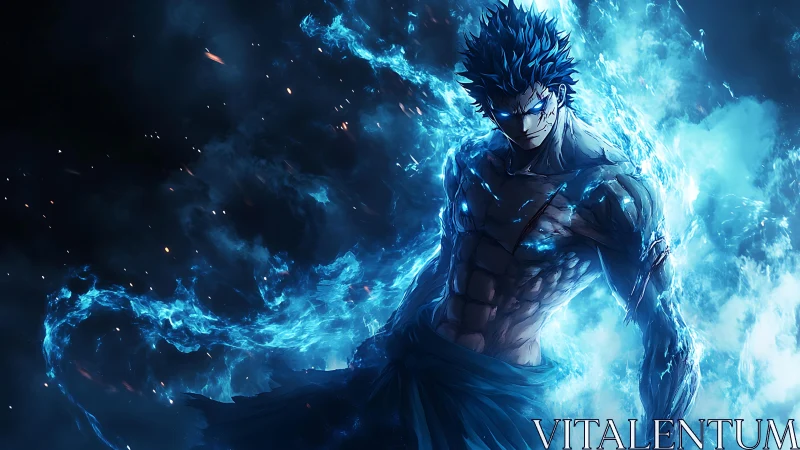 Blue flame warrior channels raging elemental power.