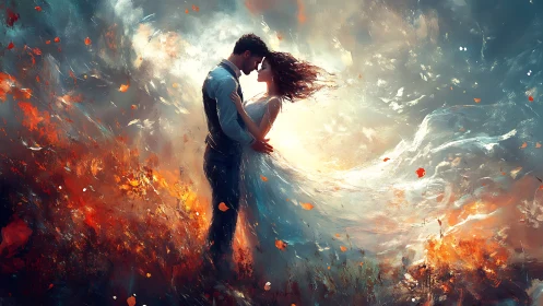 Romantic Couple Silhouette Against Fiery Skies.