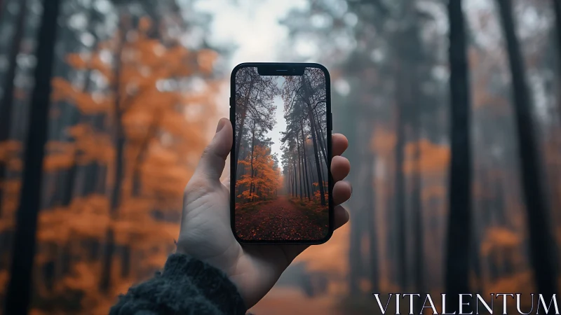 Hand-held smartphone capturing autumn forest pathway with depth-layered bokeh