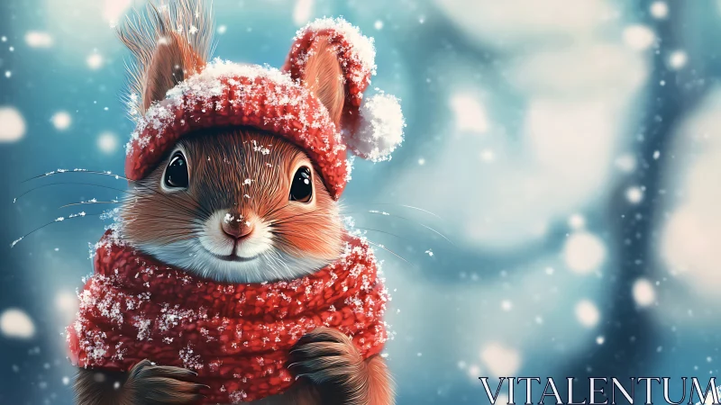 Red scarf winter squirrel portrait with falling snow bokeh.