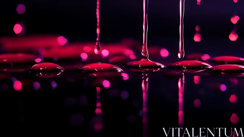 Neon magenta droplets ripple across reflective liquid surface.