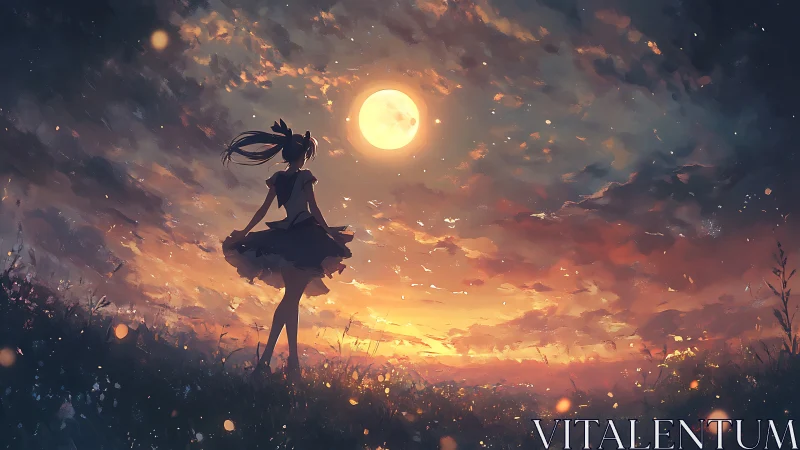 Girl beneath a glowing full moon at ember-tinted dusk