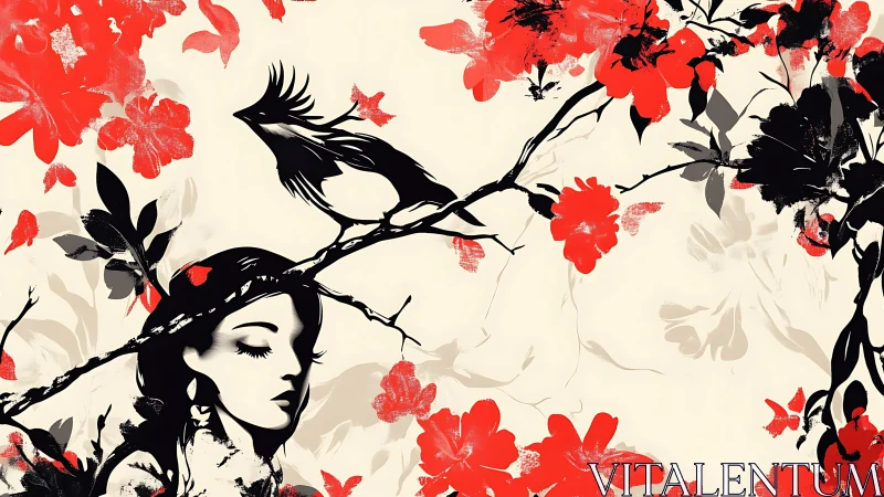 Stylized female profile with bird on branch and red florals.