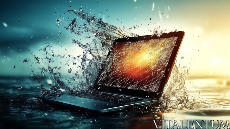 Laptop splash drama where calm water meets digital chaos.