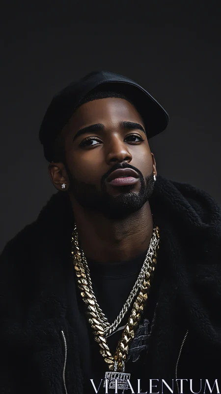 Cool confidence in gold chains and midnight street style.