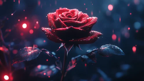 Glowing red rose shining softly in a dreamy night garden.