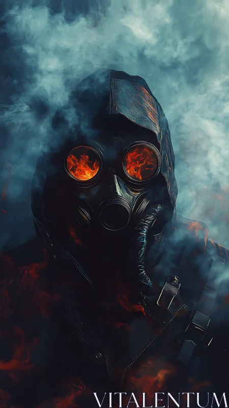 Hooded gas mask figure stares through burning lens eyes