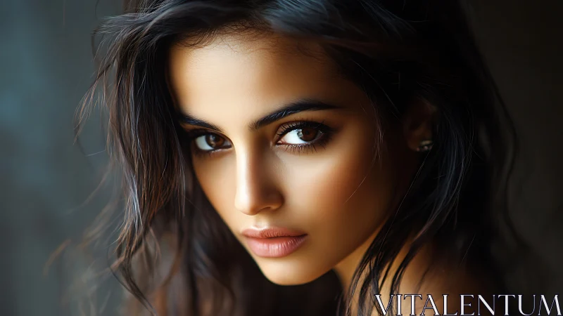 Close-up portrait shows woman gazing directly at camera