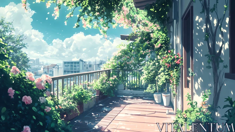 Sunlit rooftop balcony garden with dense foliage and soft shadows
