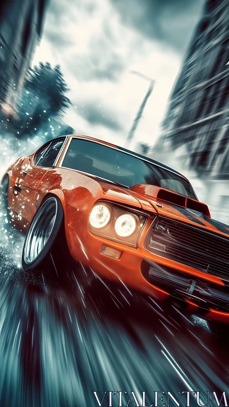 Streetstorm muscle car drifts through thunderous neon rain.
