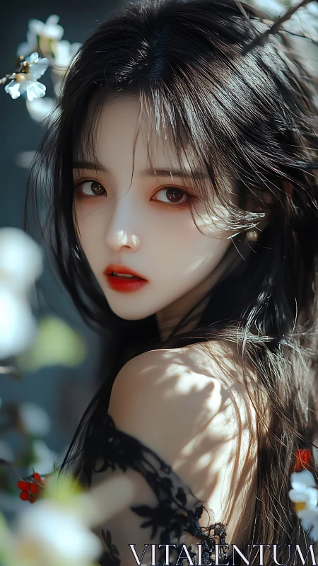 Digital portrait of floral-lit woman in lace dress turning back