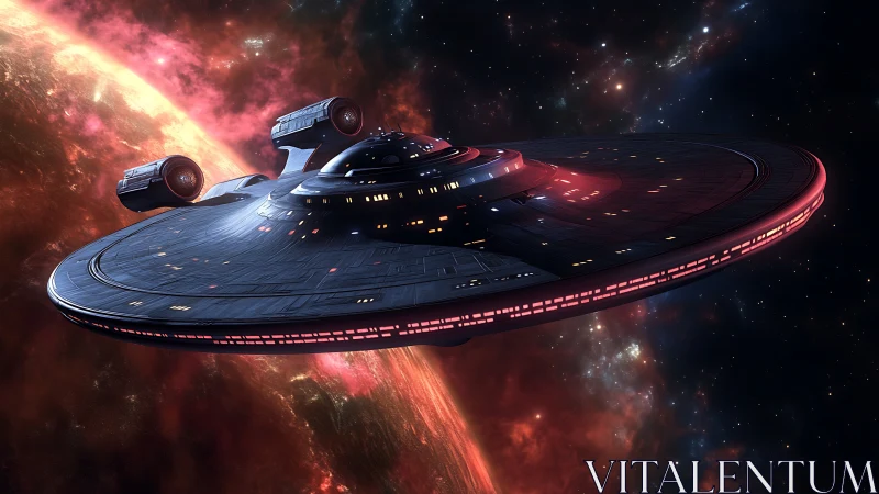 Stellar cruiser crossing nebula-lit orbit in deep space.