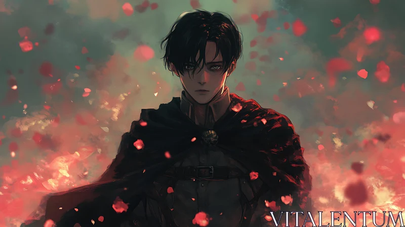 Dark cloaked warrior stands calm amid swirling red petals