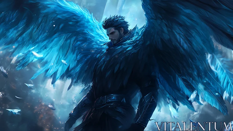 Storm-feathered guardian rises with blazing sapphire wings.