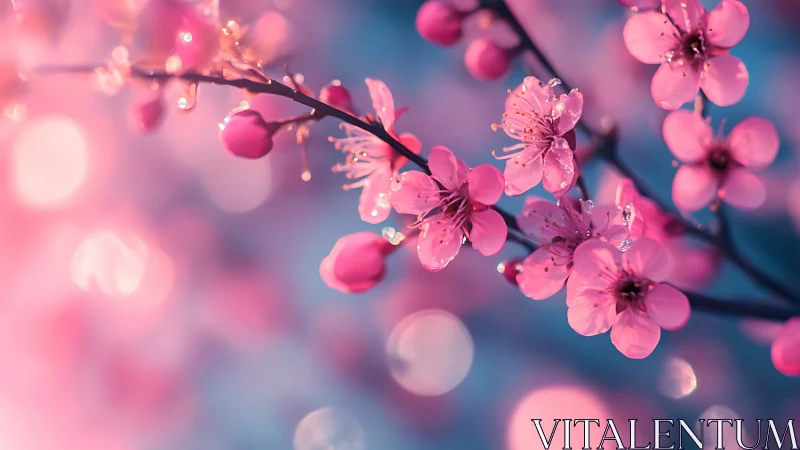 Macro-depth cherry blossom branch with bokeh luminescence and dew drops