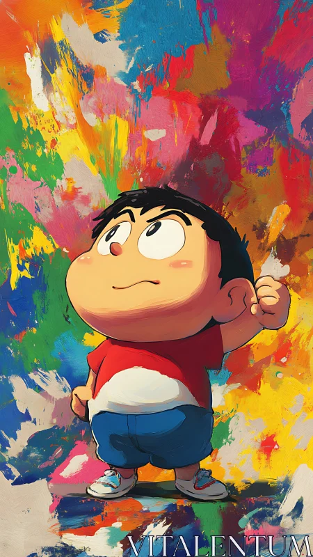 Cartoon child stands before dense multicolor painted backdrop.