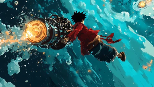 Runaway rocket dreamer surfing teal storms of space.