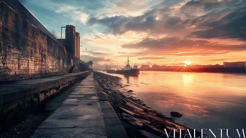 Sunlit riverside walk welcomes a quiet harbor sunrise