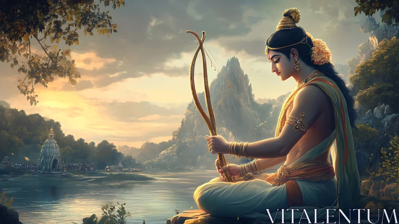 Seated archer figure by riverside in mythic landscape at dusk.