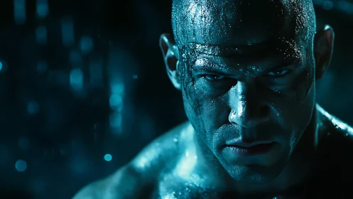 Focused warrior bathed in moody blue cinematic light.