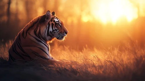 Tiger rests in backlit grass under strong sunset illumination