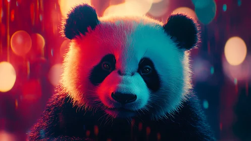 Neon lit panda portrait under cinematic bokeh rain effects