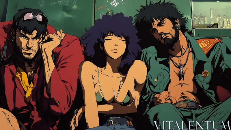 Trio of anime characters seated in vehicle interior setting.