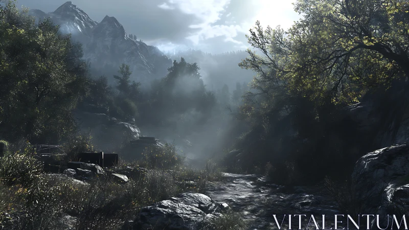 Foggy mountain forest trail under bright morning light.