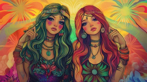 Two bohemian women in colorful psychedelic illustration.