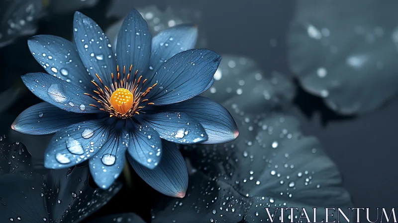 Macro Floral Study: Blue Blossom with Rainfall Bokeh.