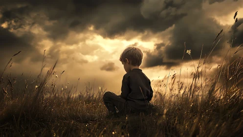 Child seated in tall grass under dense storm clouds at dusk.