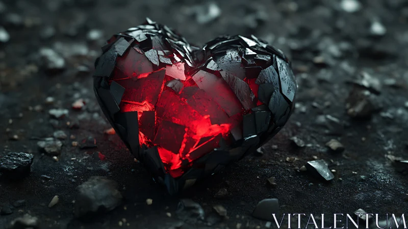 Crystalline heart form with internal red luminescence on dark surface