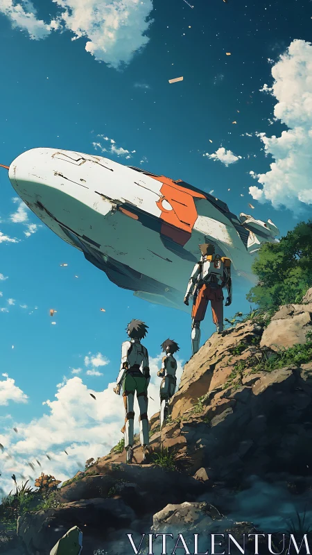 Starbound pilots observing launch over sunlit cliffside.